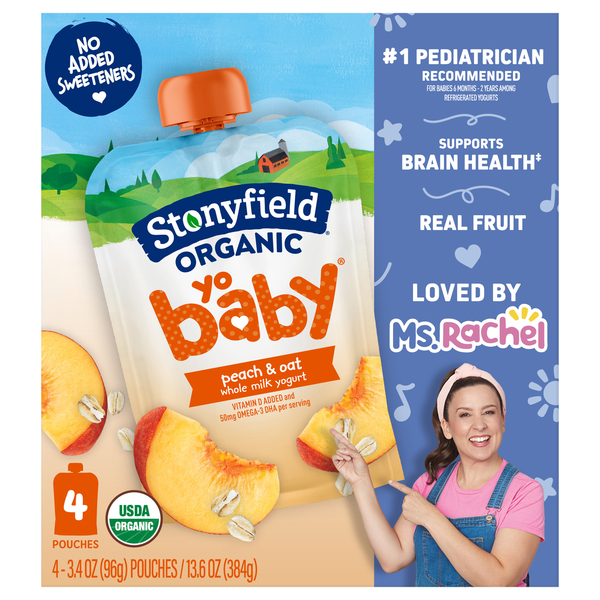 Stonyfield Organic YoBaby Whole Milk Peach & Oat Yogurt Pouch - 4 ct
