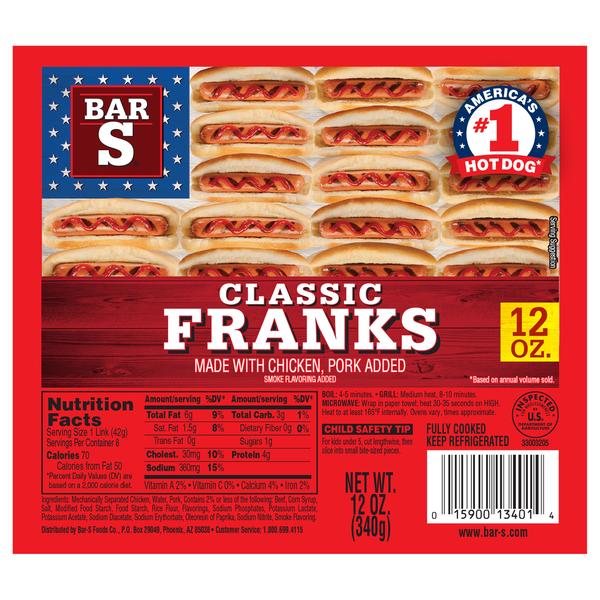 Bar-S Classic Chicken & Pork Franks - 8 ct