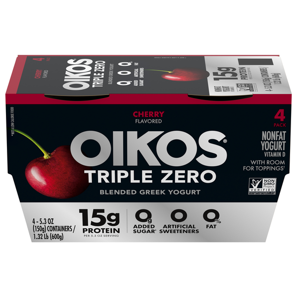 Oikos Triple Zero 15g Protein Non Fat Cherry Blended Greek Yogurt Cup 4 ct