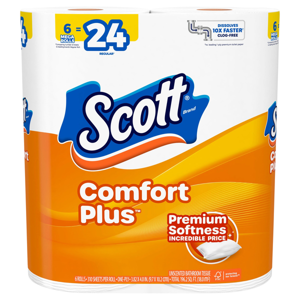 Scott Comfort Plus Mega Roll 1-Ply Toilet Paper Unscented - 6 ct
