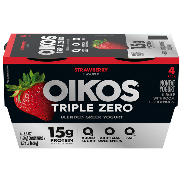 Oikos Triple Zero 15g Protein Non Fat Strawberry Greek Yogurt Cups - 4 ct