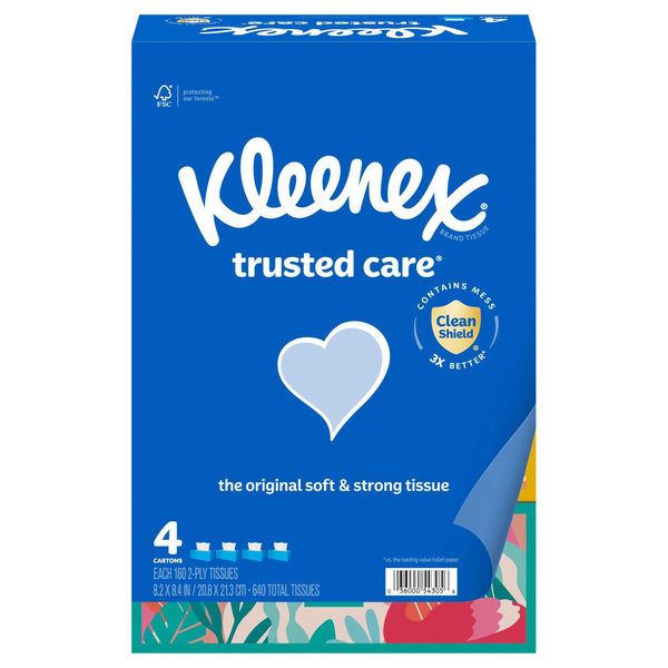Kleenex Trusted Care 2-Ply Facial Tissue Flat Box 160 ct ea - 4 pk