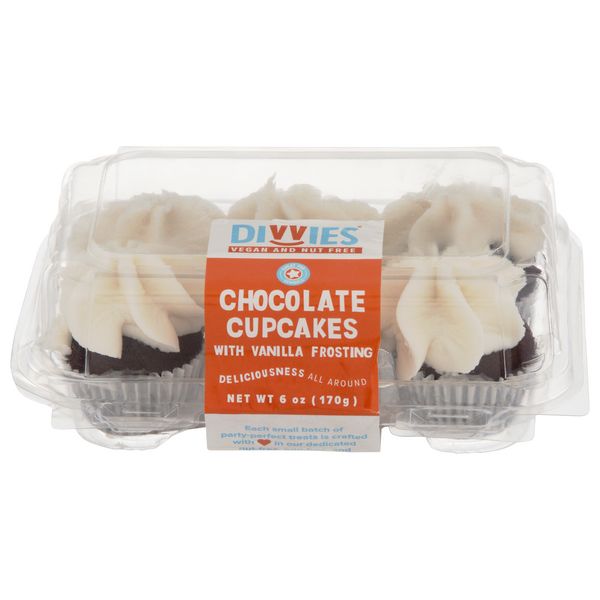 Divvies Chocolate Cupcakes with Vanilla Frosting - 6 ct