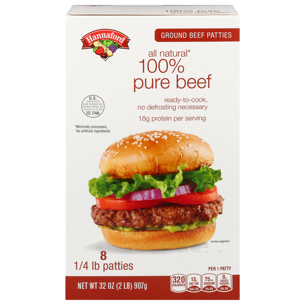 Hannaford 100% Pure Ground Beef Patties - 8 ct Frozen