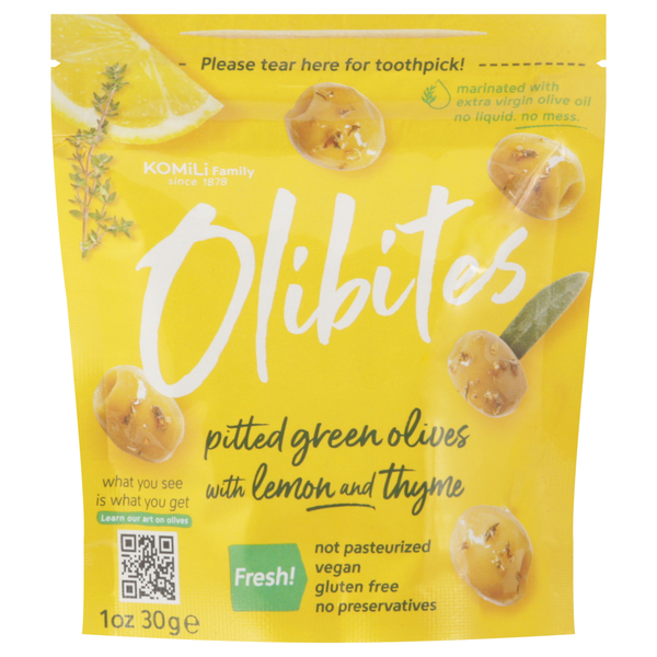 Olibites Pitted Green Olives Snack with Lemon & Thyme Marinated
