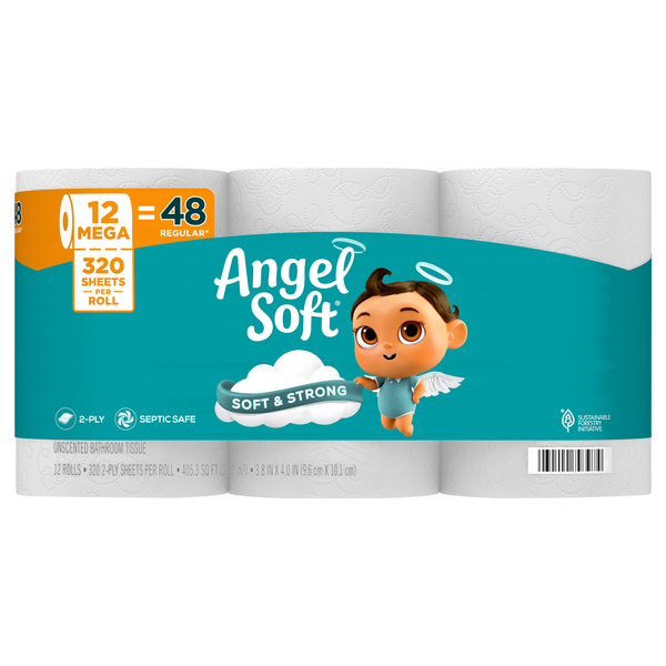 Angel Soft Mega Roll 2-Ply Toilet Paper Unscented - 12 ct