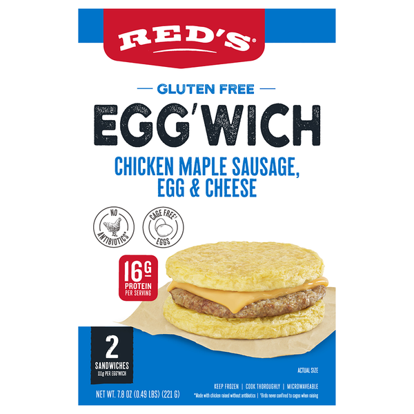 Save on Red's Gluten Free Chicken Maple Sausage Egg & Cheese Egg'Wich