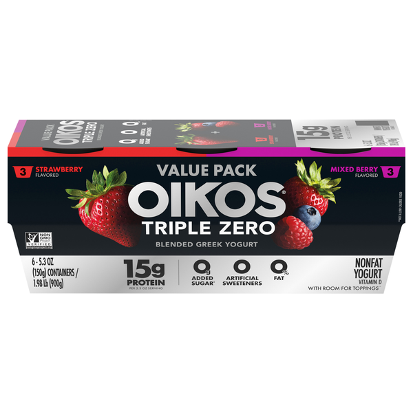 Oikos Triple Zero 15g Non Fat Strawberry/Mixed Berry Greek Yogurt - 6 ct