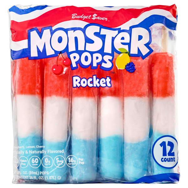 Budget Saver Monster Pops Rocket Blue Rasp Lemon Cherry Ice Pops 12 ct