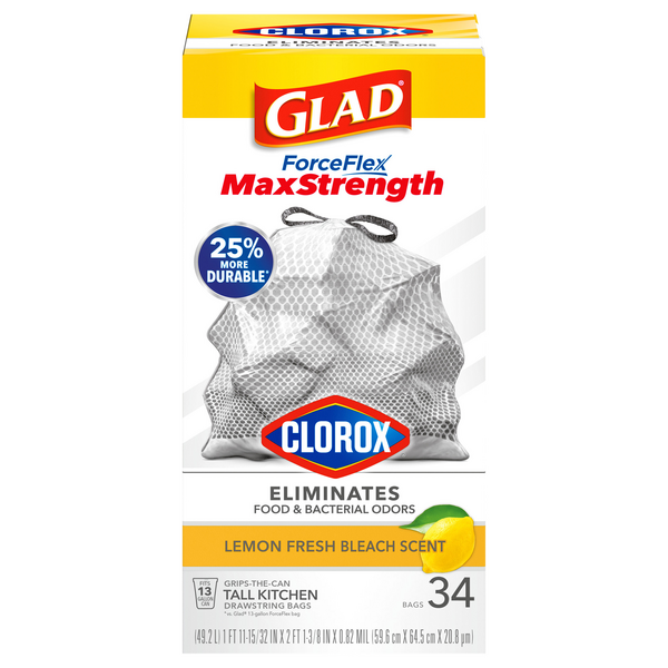 Glad Clorox Lemon Fresh Bleach Scent Medium Drawstring Bags 8 Gallon