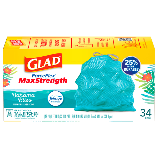 Glad ForceFlex Bahama Bliss Drawstring Tall Kitchen Bags 13 Gallon