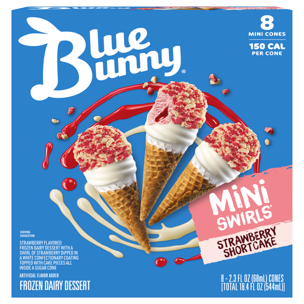 Blue Bunny Mini Swirls Cones Strawberry Shortcake Frozen Dessert - 8 ct