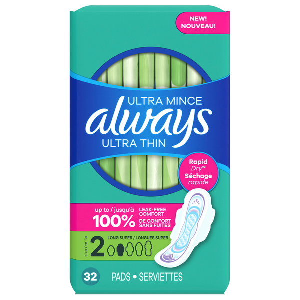 Always Ultra Thin Size 2 Unscented Long Super Pads with Wings