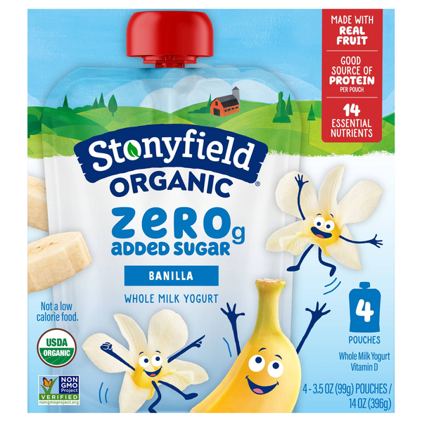 Stonyfield Organic Zero Added Sugar Banilla Whole Milk Yogurt - 4 ct