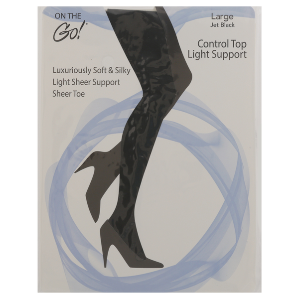 On the Go! Control Top Light Support Pantyhose Jet Black Size Large