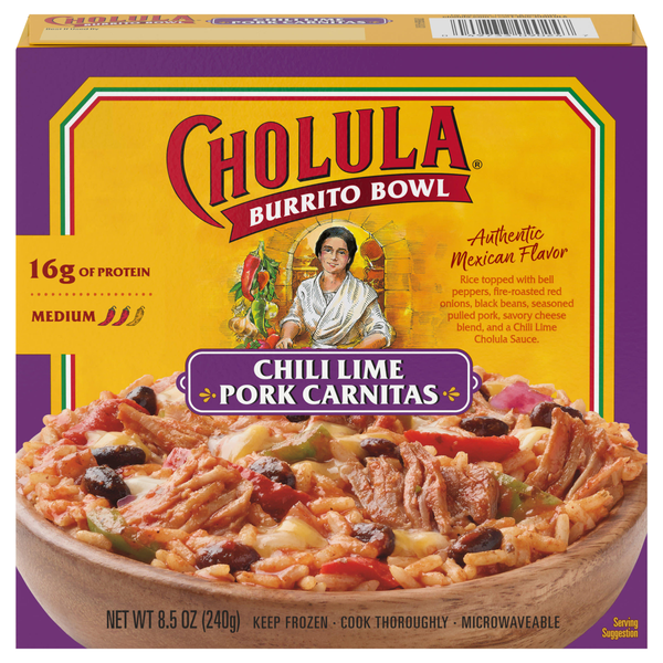 Cholula Chili Lime Pork Carnitas Burrito Bowl 16g Protein Frozen Meal