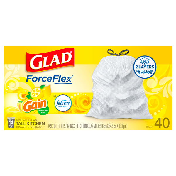 Glad ForceFlex Kitchen Bags Drawstring Tall Lemon Zest Scent 13 Gallon