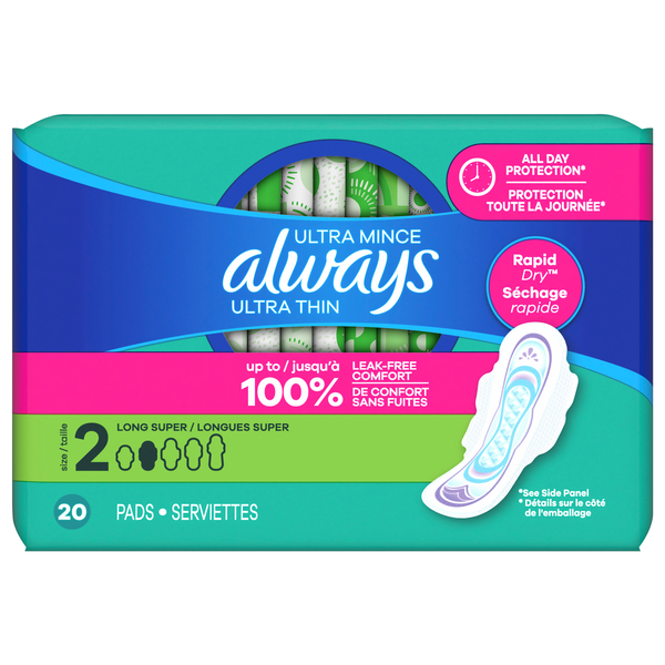 Always Ultra Thin Size 2 Unscented Long Super Pads with Wings