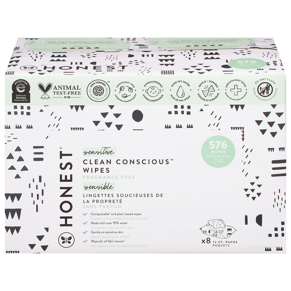Honest Sensitive Clean Conscious Wipes Fragrance Free 72 ct ea - 8 pk