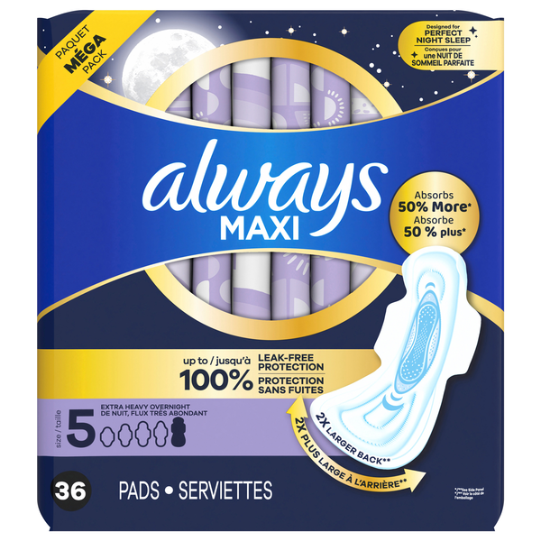 Always Maxi Size 5 Unscented Extra Heavy Overnight Pads with Wings