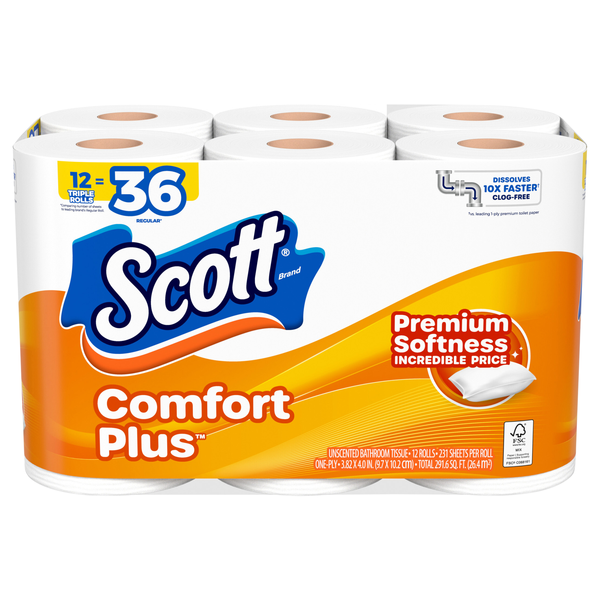 Scott Comfort Plus Double Roll 1-Ply Toilet Paper Unscented - 12 ct