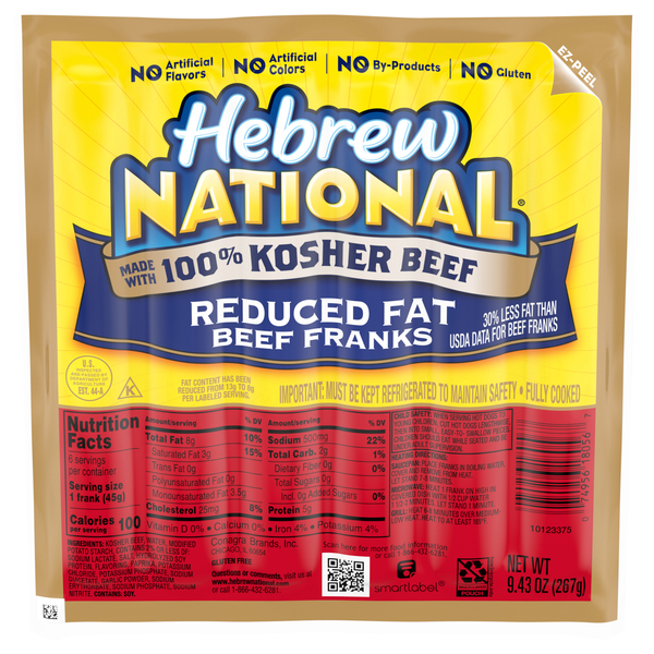 Hebrew National 100% Kosher Reduced Fat Beef Franks - 6 ct