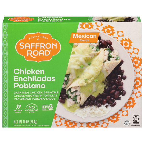 Save on Saffron Road Chicken Enchiladas Poblano with Black Beans & Rice
