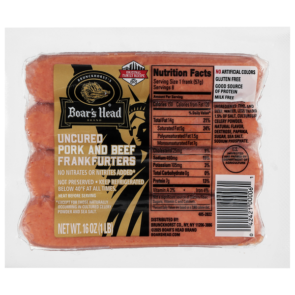 Boar's Head Uncured Pork & Beef Frankfurters - 8 ct
