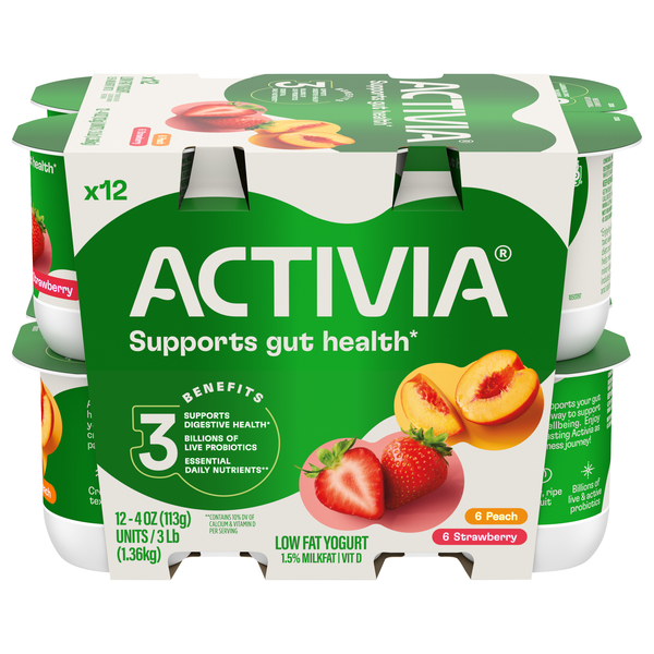 Activia Low Fat Strawberry & Peach Probiotic Yogurt Cups - 12 ct