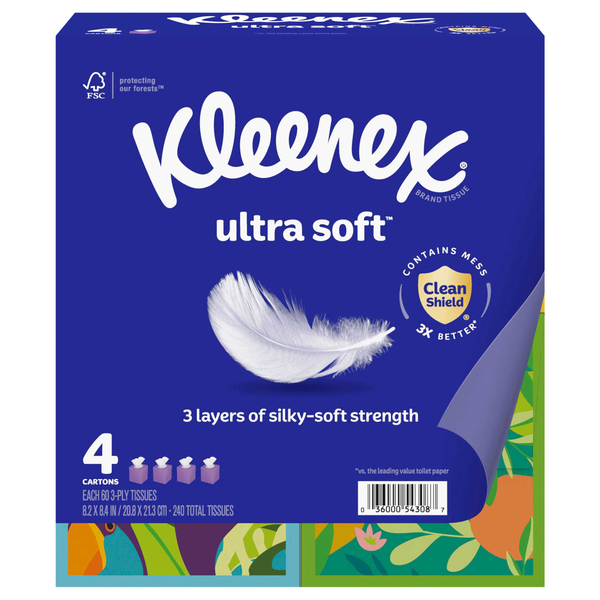 Kleenex Ultra Soft 3-Ply Facial Tissue Cube Box 60 ct ea - 4 pk