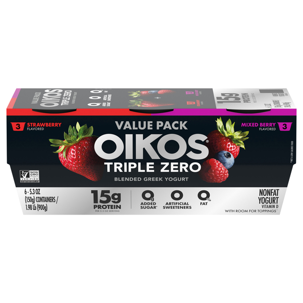 Oikos Triple Zero 15g Non Fat Strawberry/Mixed Berry Greek Yogurt - 6 ct