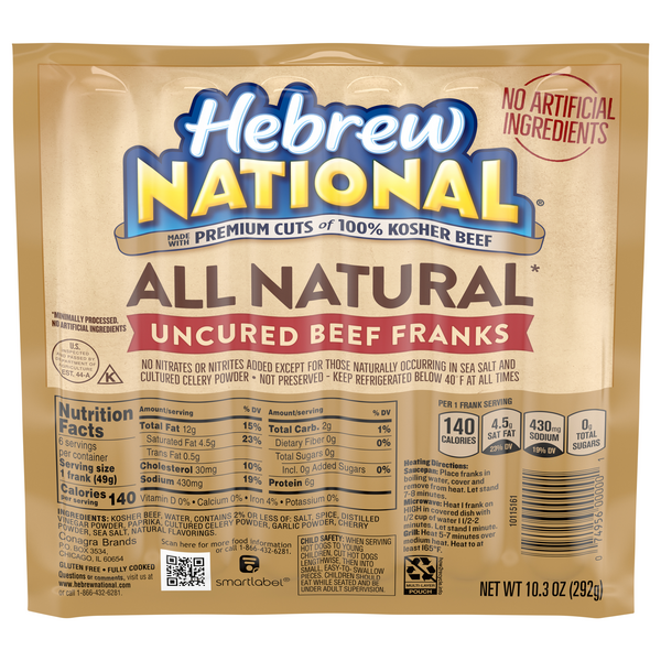 Hebrew National 100% Kosher Natural Uncured Beef Franks - 6 ct