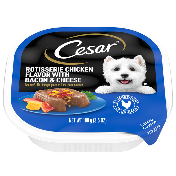 Save on Cesar Loaf & Topper in Sauce Wet Dog Food Rotisserie Chicken