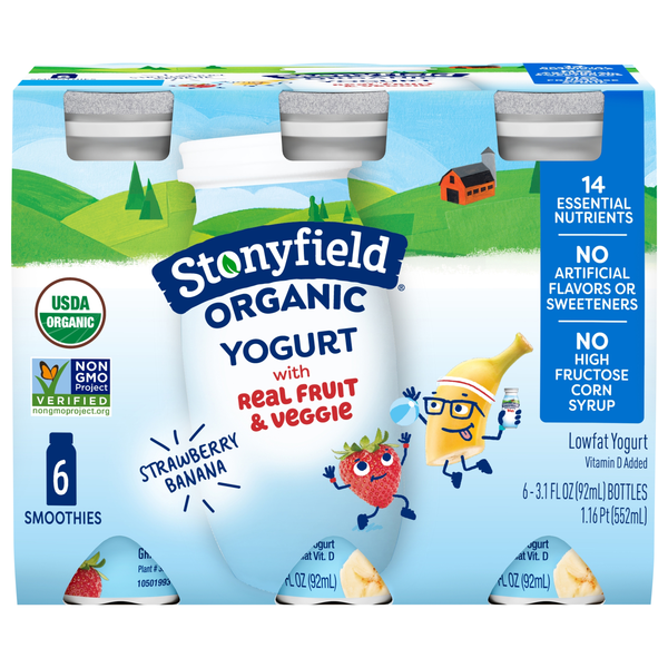 Stonyfield Organic Kids Low Fat Strawberry Banana Yogurt Smoothies - 6 ct