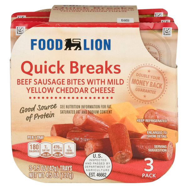 Save on Food Lion Quick Breaks Beef Sausage Bites with Mild Cheddar