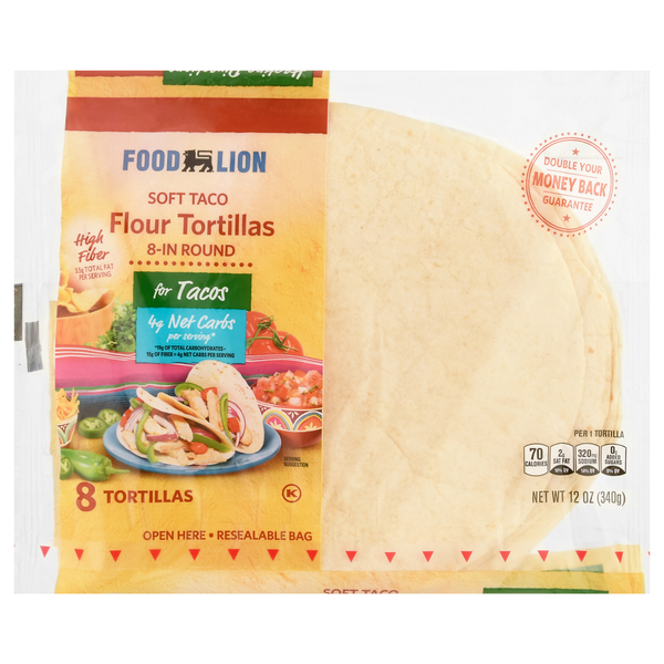 Food Lion High Fiber Soft Taco Round Flour Tortillas 8 Inch - 8 ct