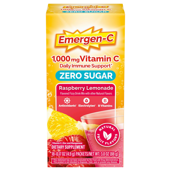 Emergen-C Zero Sugar Raspberry Lemonade Fizzy Drink Mix - 18 ct