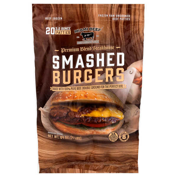 Miami Beef Premium Blend Steakhouse Smashed Burgers Patties - 20 ct Frozen
