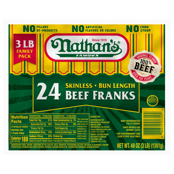 Nathan's Famous Bun Length Skinless All Beef Hot Dogs - 24 ct
