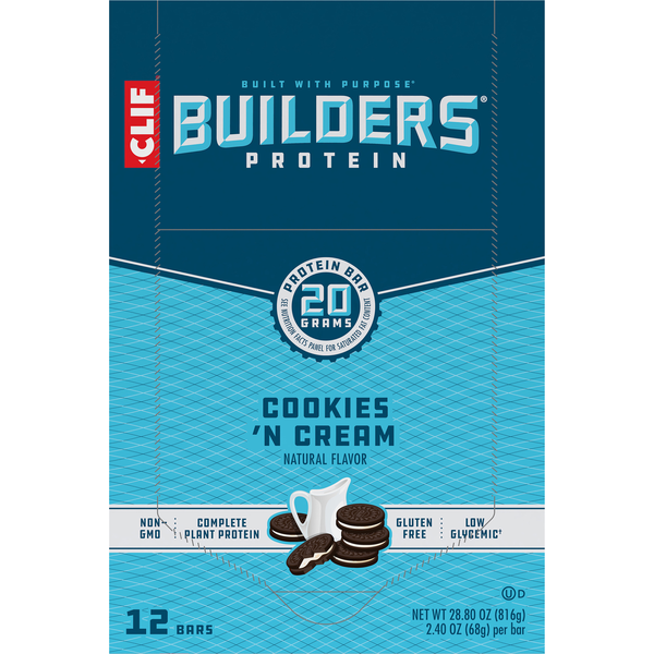 CLIF Builders Gluten Free Cookies 'N Cream 20g Protein Bars - 12 ct