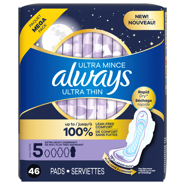 Always Ultra Thin Size 5 Unscented Extra Heavy Overnight Pads with Wings
