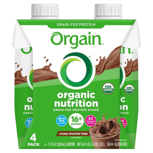 Orgain Organic Grass-fed Chocolate Fudge 16g Nutritional Shakes - 4 pk