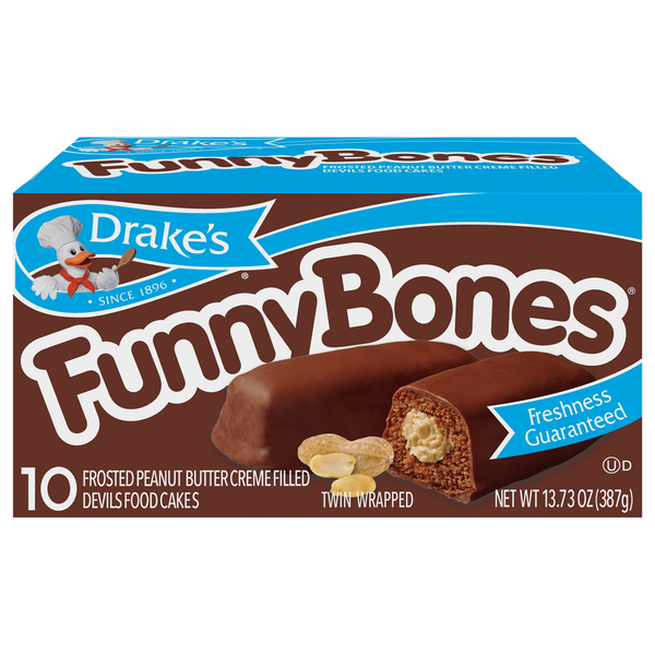 Drake's Funny Bones Devils Food Snack Cakes Frosted Peanut Butter - 10 ct