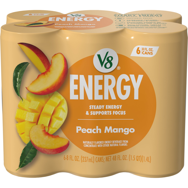 V8 Plus Peach Mango Flavored Sparkling Energy Drink - 6 pk