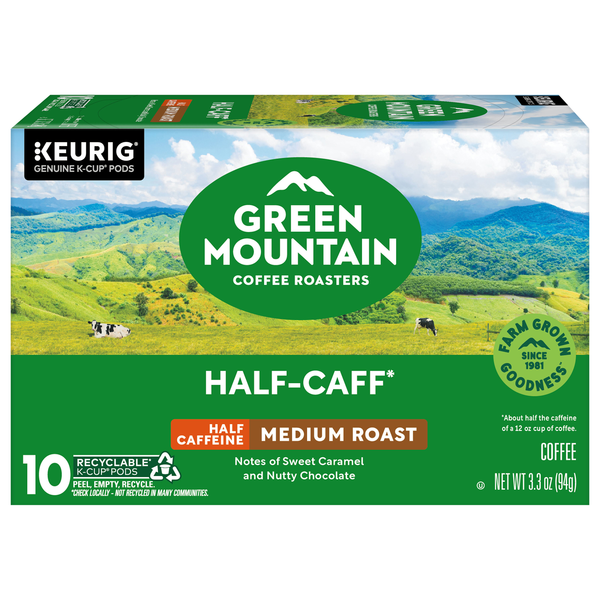 Save on Green Mountain Half-Caff Medium Roast Coffee K-Cup Pods Save on Green Mountain Half-Caff Medium Roast Coffee K-Cup Pods