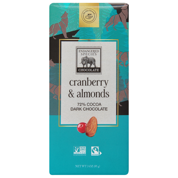 Endangered Species Cranberry & Almonds Dark Chocolate Candy Bar 72% Cocoa