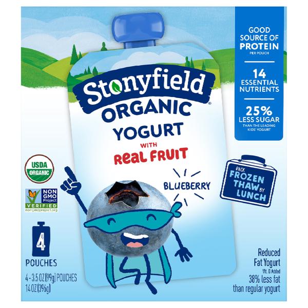 Stonyfield Organic Kids Reduced Fat Blueberry Yogurt Pouch - 4 ct