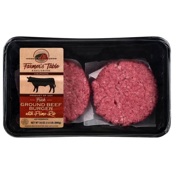 Farmer's Table Ground Beef Burger Patties w/Prime Rib - 4 ct Fresh
