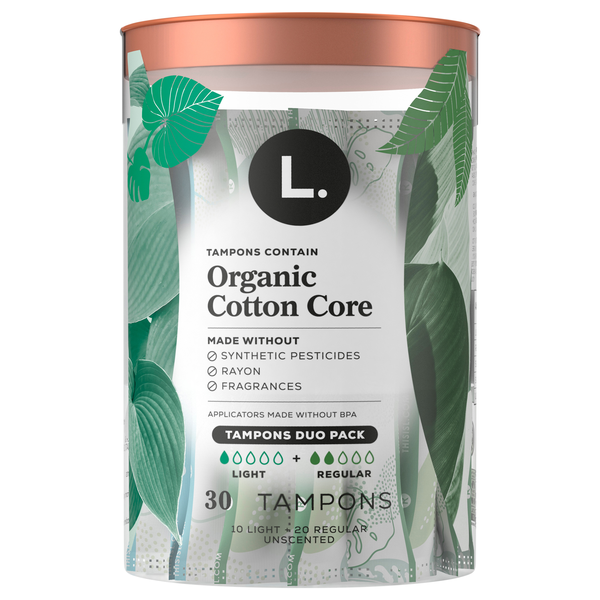 L. 100% Organic Cotton Core Unscented Light & Regular Tampons