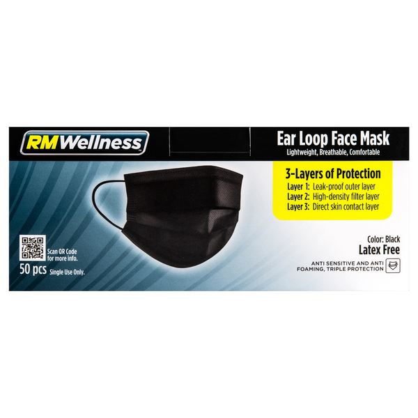 RM Wellness Disposable Black Ear Loop Face Masks